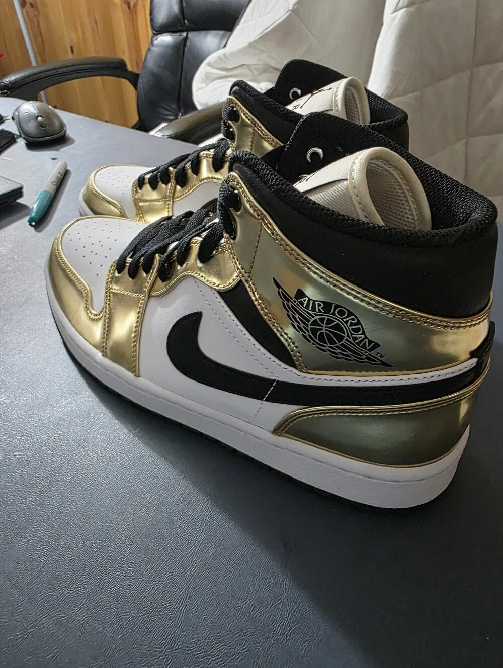 Jordan High-Top Sneakers in White and Metallic Gold